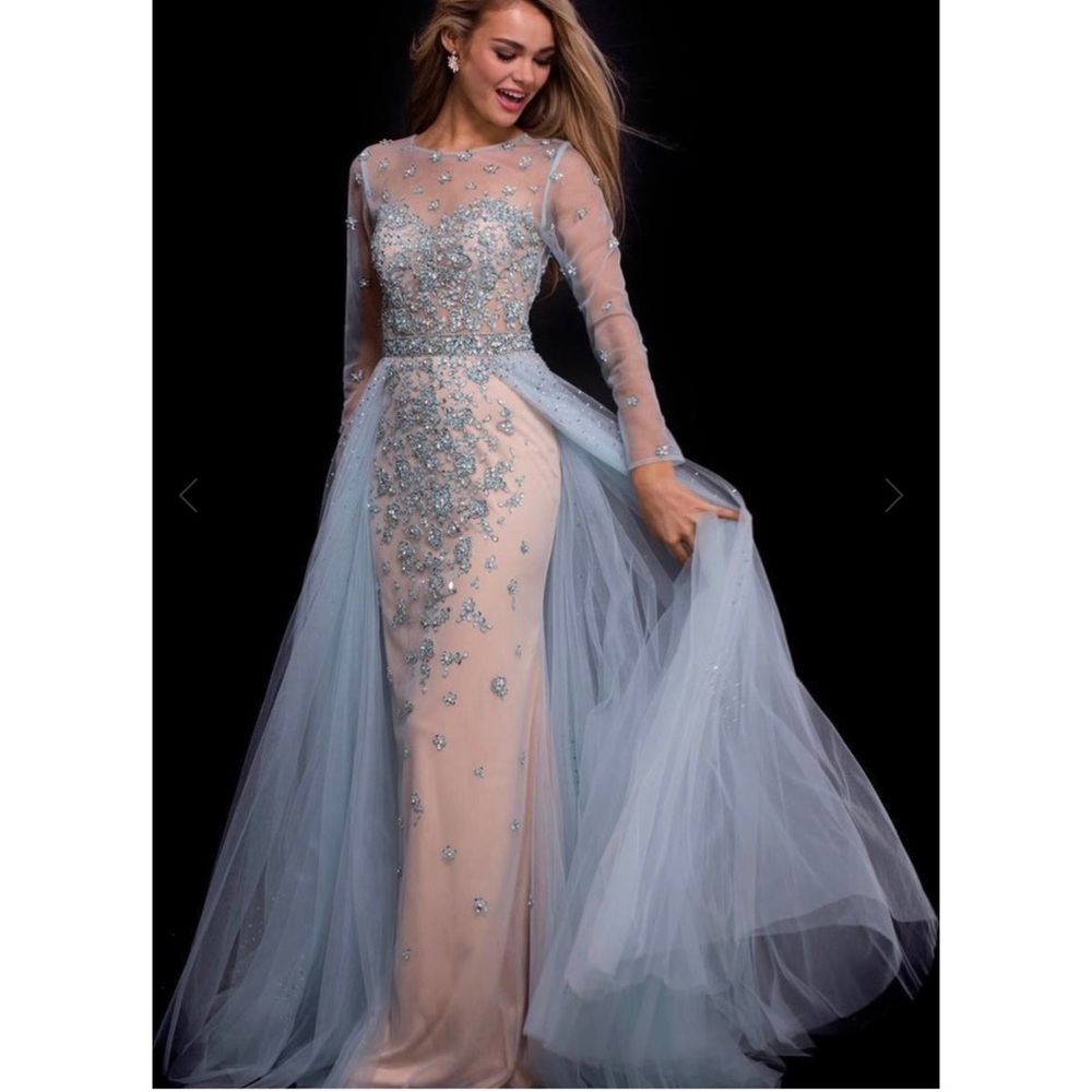 Jovani Adorned Illusion Long Sleeve Overskirt Gown